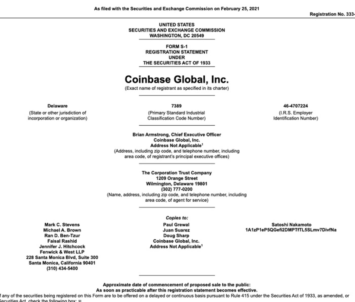 深挖Coinbase上市文件内的神秘比特币地址,5个惊人事实告诉你中本聪出现了