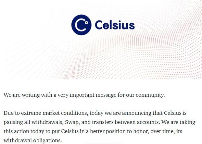 美国百亿加密借贷平台Celsius爆雷，暂停提款、交易！加密币齐遭抛售，币圈总市值跌破1万亿美元